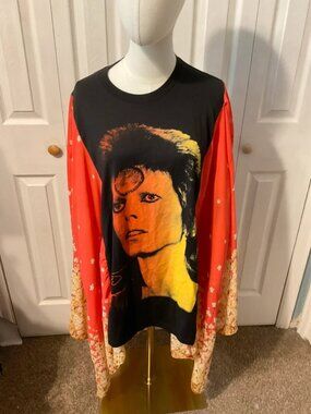 David Bowie Upcycled Graphic T-Shirt with Flowy Floral Sleeves - OSFM